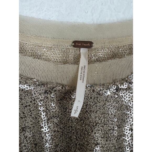 Free People Champagne Dreams Tee Small Neutral Gold Sequin Oversized Cropped - Picture 5 of 13